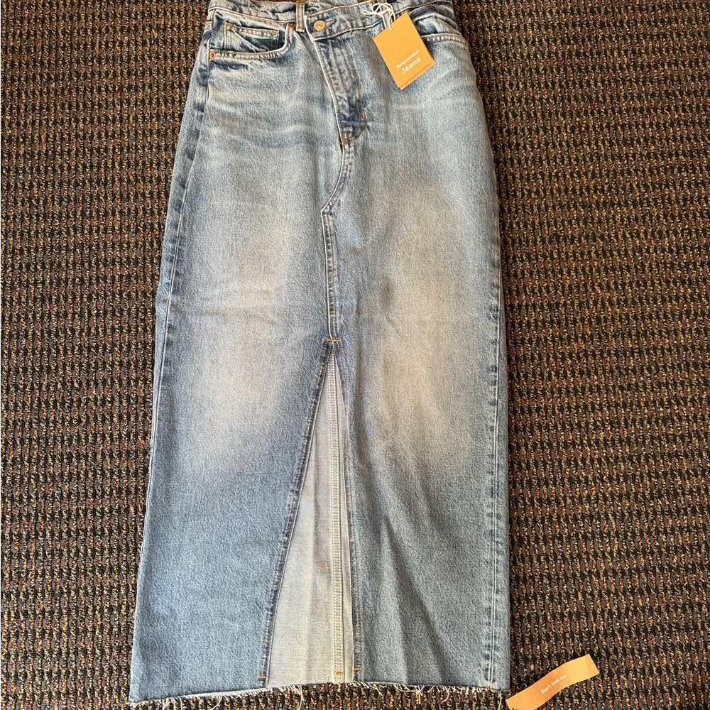 Reformation denim skirt with slit and asymmetrical buttons